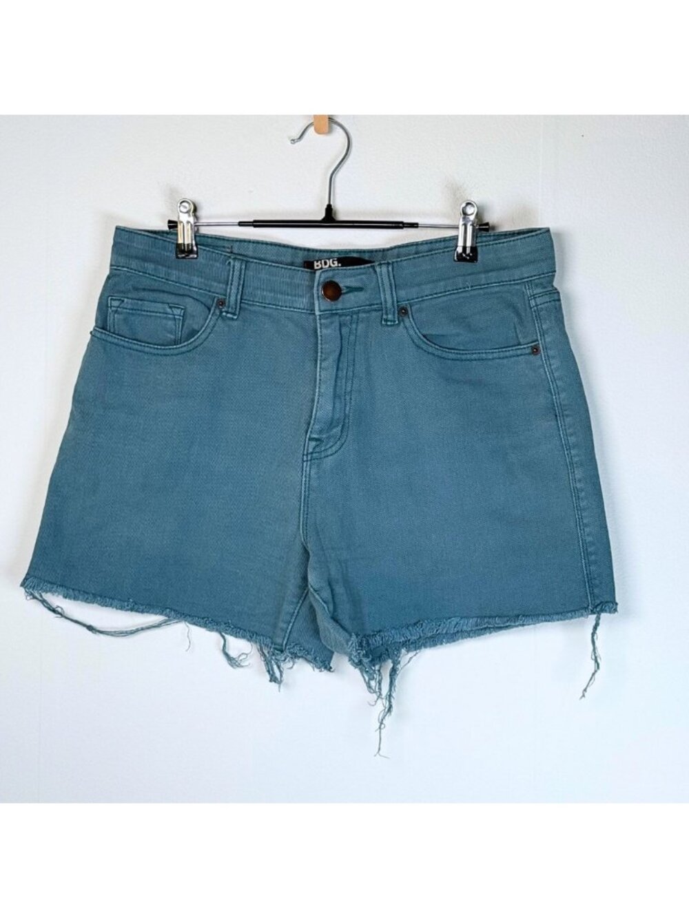 Teal Denim Cutoff Mom Shorts Size 29 BDG High Waisted Distressed Frayed Jorts